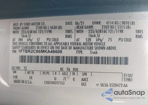 2021 Ford Transit-250 z USA, uszkodzony, nr VIN 1FTBR2C86MKA48608